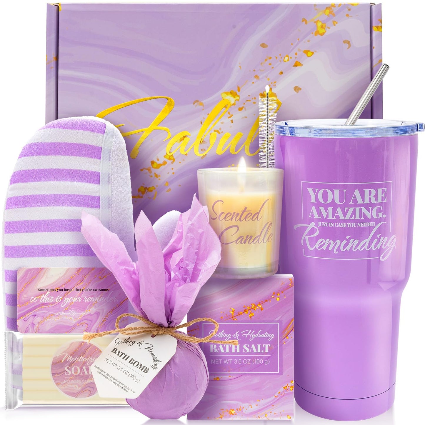 Bath Sets for Women Gift Gift Baskets for Women 8Pcs Lavender Gift Set for Women with 20Oz Vacuum Insulated Tumbler Birthday Gifts for Women Christmas Gift Baskets