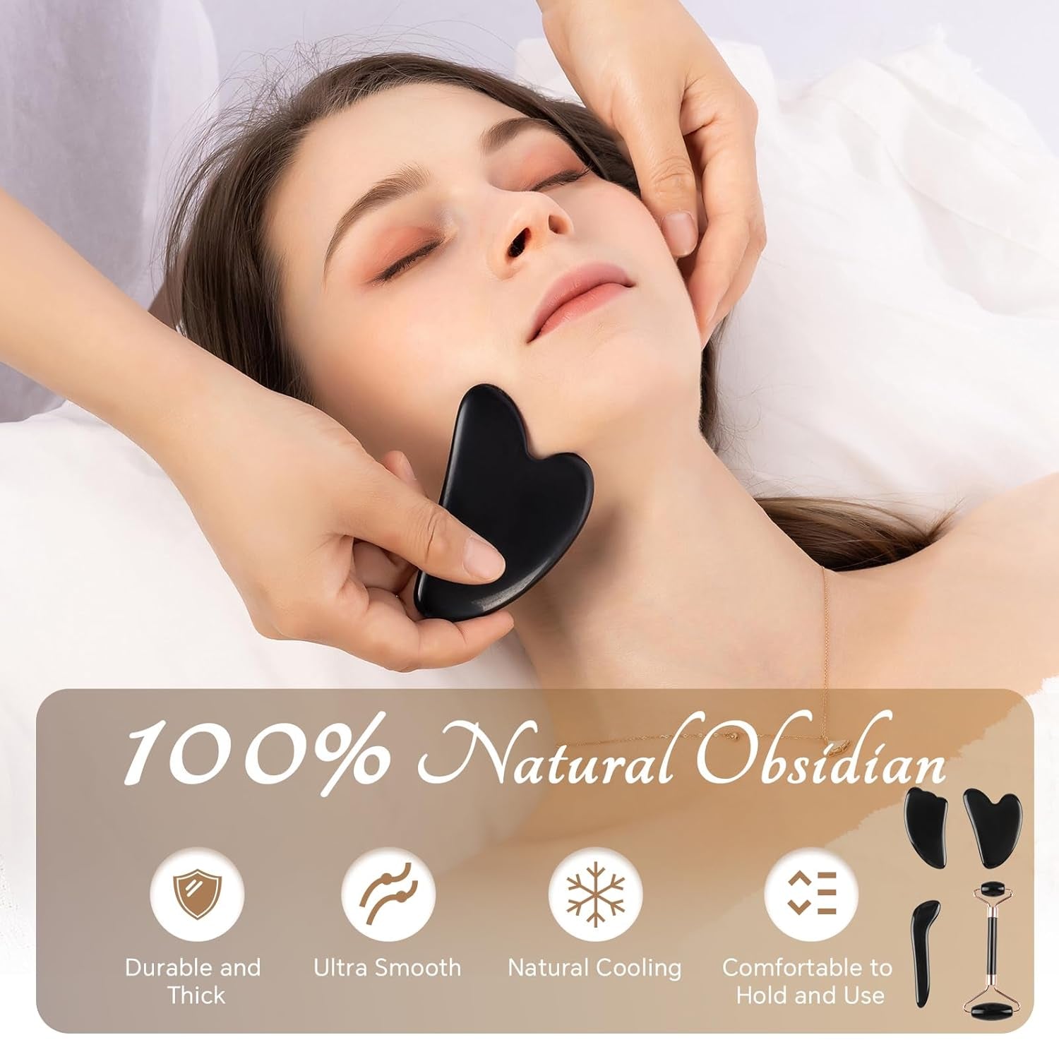 Black Obsidian Gua Sha Facial Tools Set of 4- Natural Jade Gua Sha Face Sculpting Tools Face Roller&Gua Sha Tool for Face, Double Chin Jawline Fascia Cellulite Remover& Point Treatment Christmas Gifts